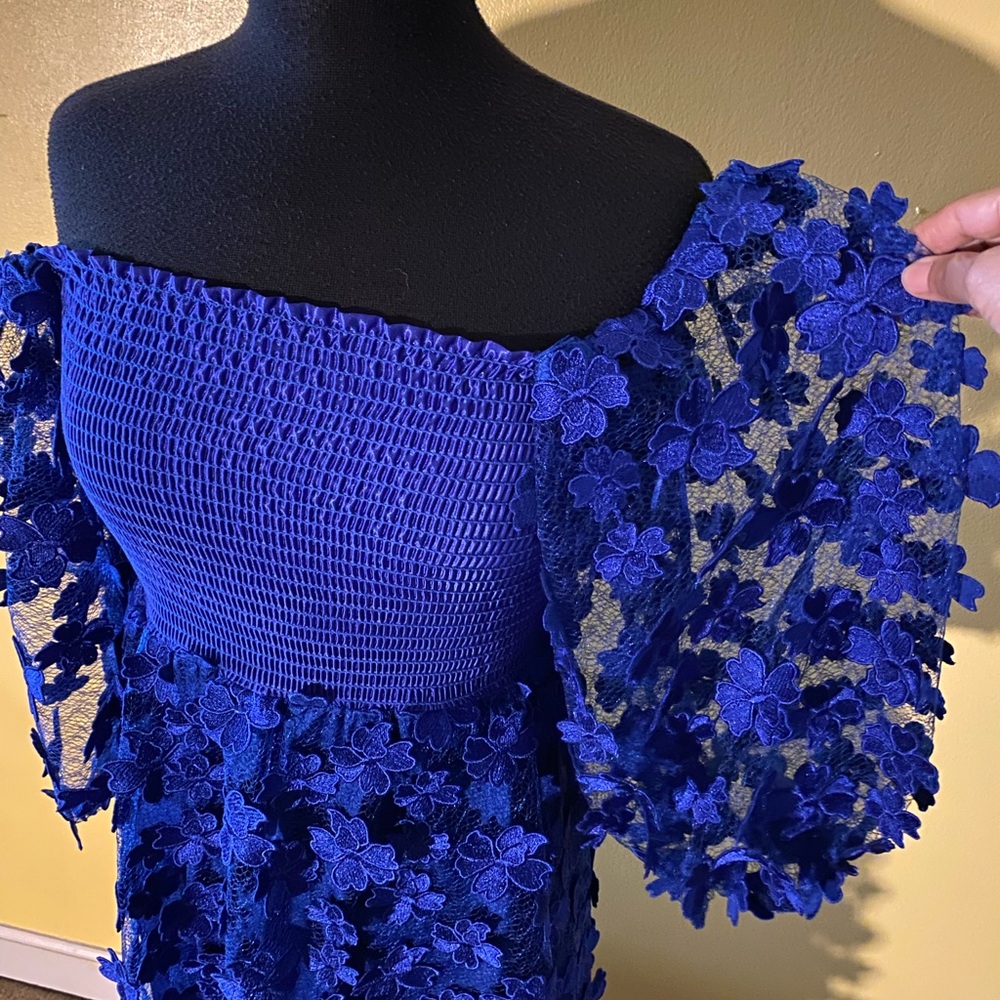 Elegant Blue Floral Lace Long Sleeve Dress